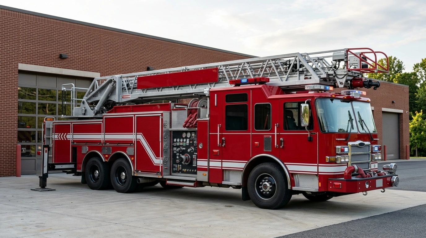 Generic red aerial ladder fire truck staged for hydraulic service
