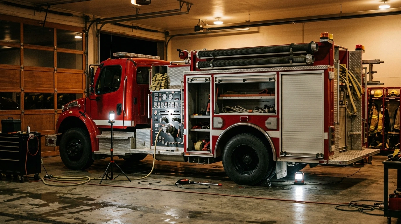 Generic red fire engine in a station bay during after-hours repair