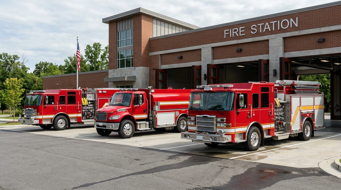 Generic fleet of fire apparatus outside a fire station