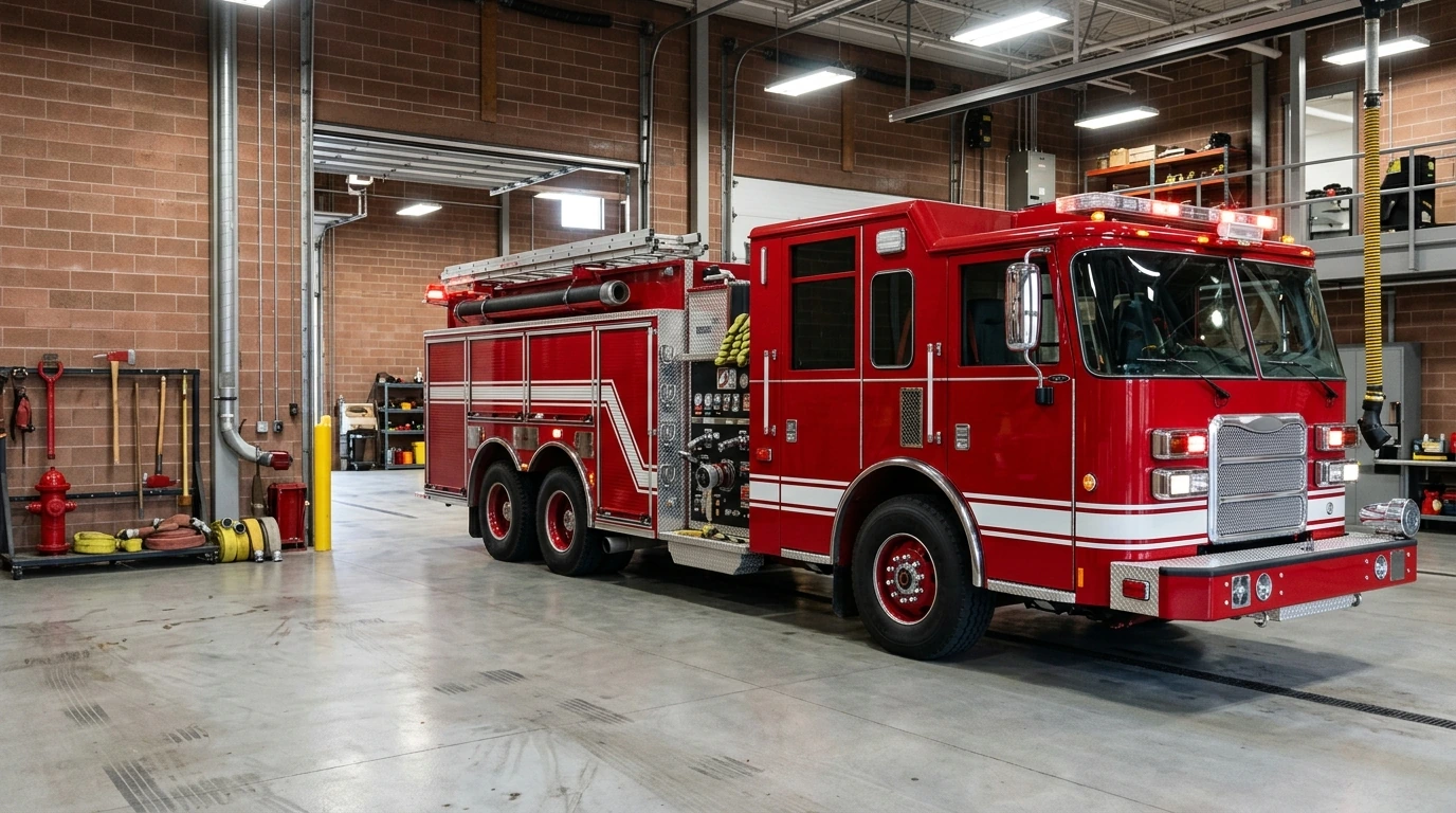 Generic red fire engine in a fire station bay for mobile fire truck repair