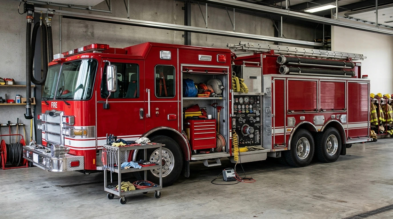 Generic pumper fire truck being repaired in an apparatus bay